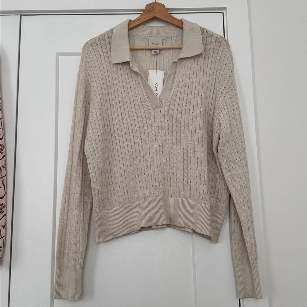 Calvin Klein Collared Cable-Knit Polo Sweater in Cream